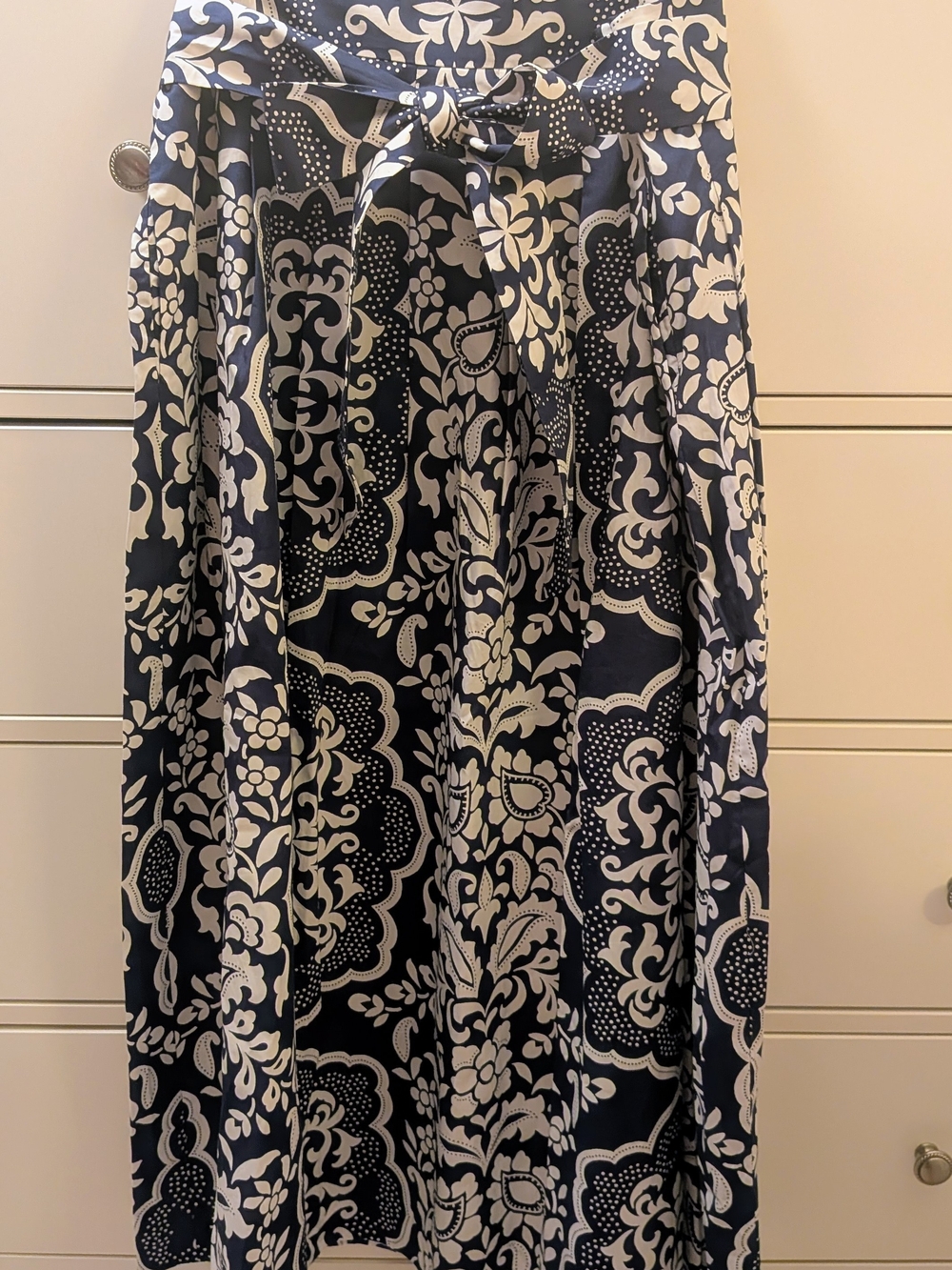 Women's Navy and White Floral Maxi Skirt with Waist Tie